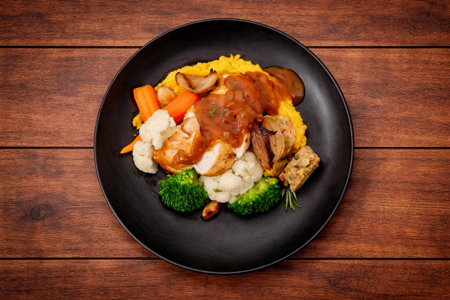Roasted Chicken with Kumara Mash, Vegetables, Herb Stuffing, Confit Garlic & Onion Gravy (450g)