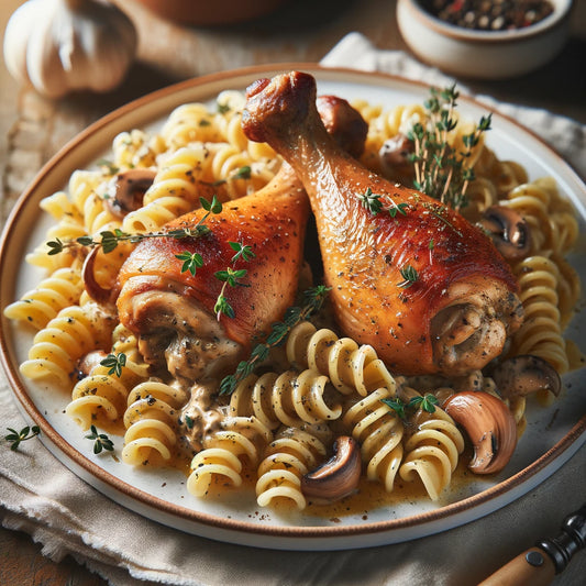 Garlic and Thyme Roasted Chicken Drumsticks with Creamy Mushroom Fusilli Pasta