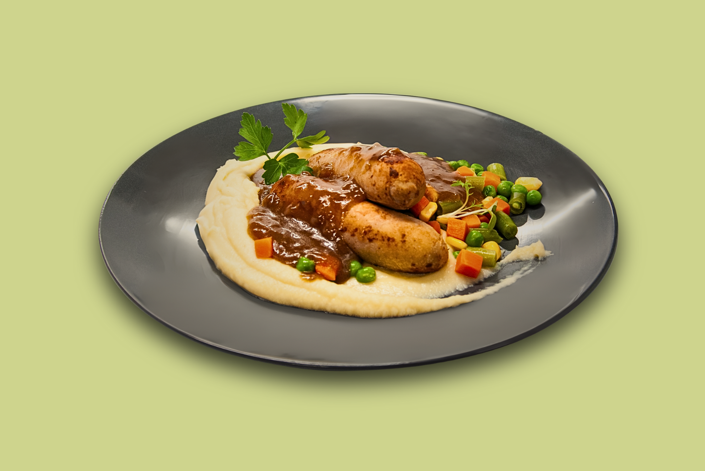 Plated pork sausages with creamy mash, vegetables, and onion gravy