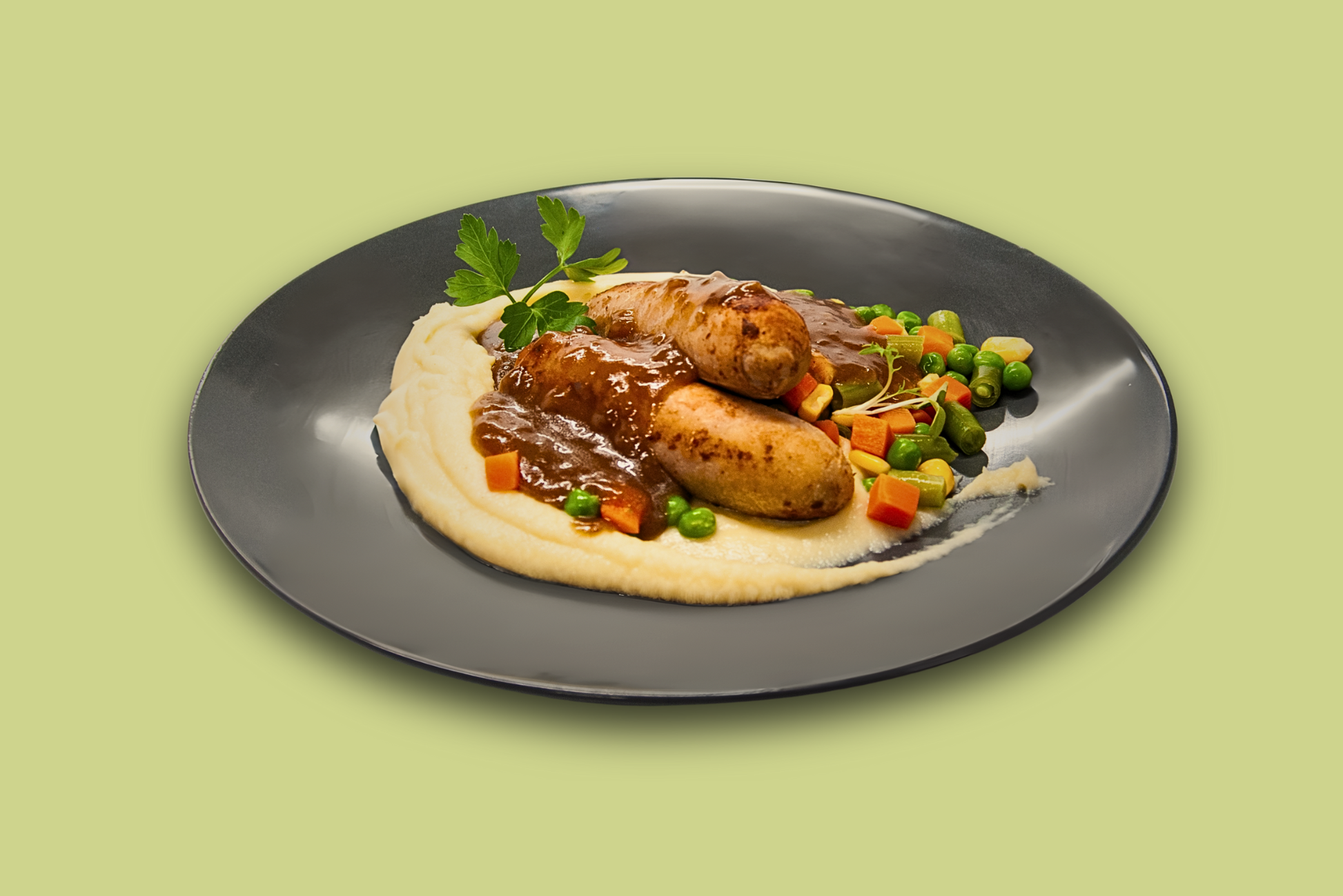 Plated pork sausages with creamy mash, vegetables, and onion gravy