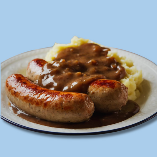 Hellers Bangers  Buttery Mash & Caramelised Onion Gravy