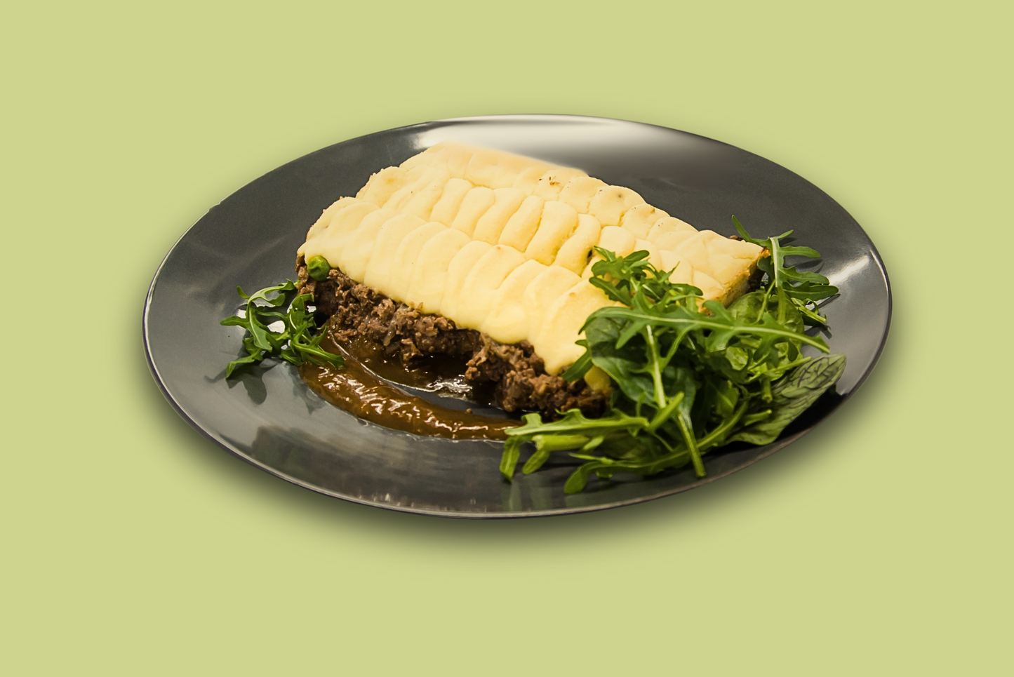 Plated cottage pie with golden mash top and savoury beef mince filling
