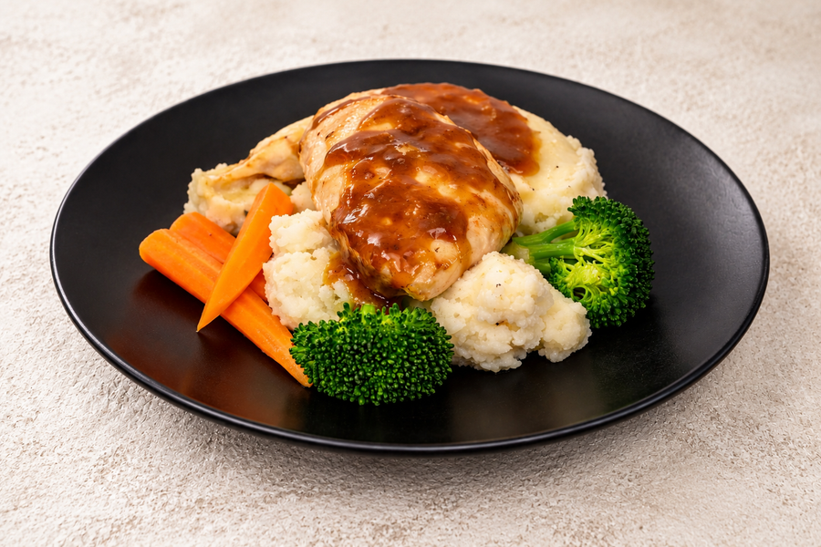Roasted Chicken with Kumara Mash, Vegetables, Herb Stuffing, Confit Garlic & Onion Gravy (450g)