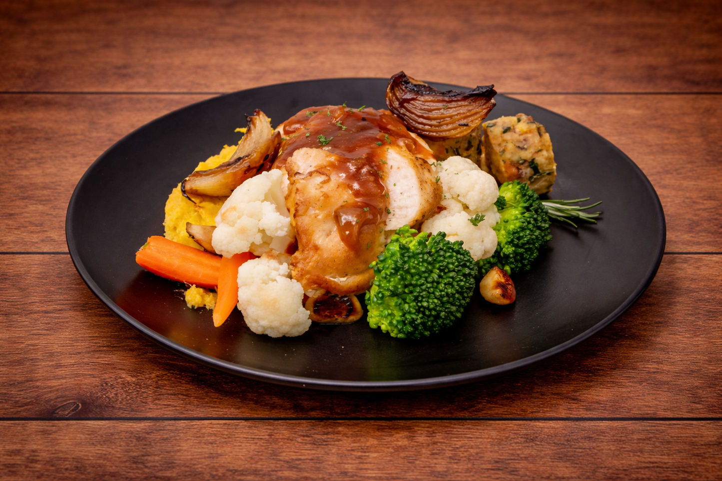 Roasted Chicken with Kumara Mash, Vegetables, Herb Stuffing, Confit Garlic & Onion Gravy (450g)